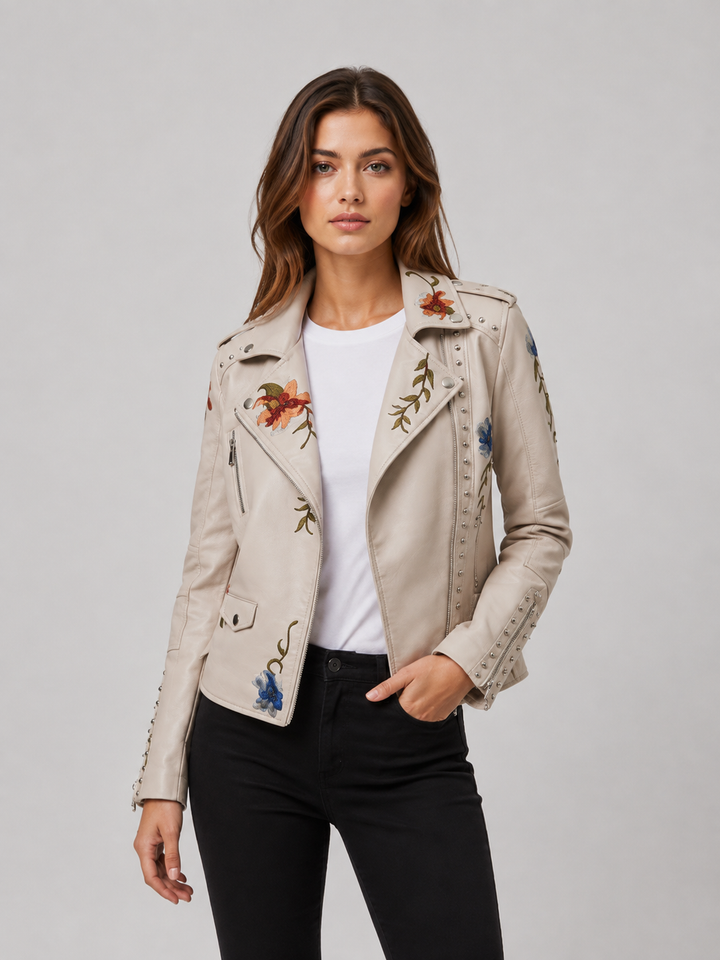 SAVANAH Women's Floral Studded Faux Leather Jacket
