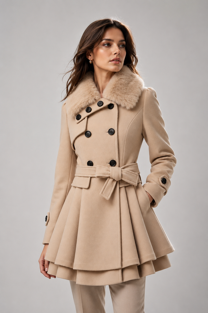 CELESTE Women's Double-Breasted Wool Coat with Faux Fur Collar