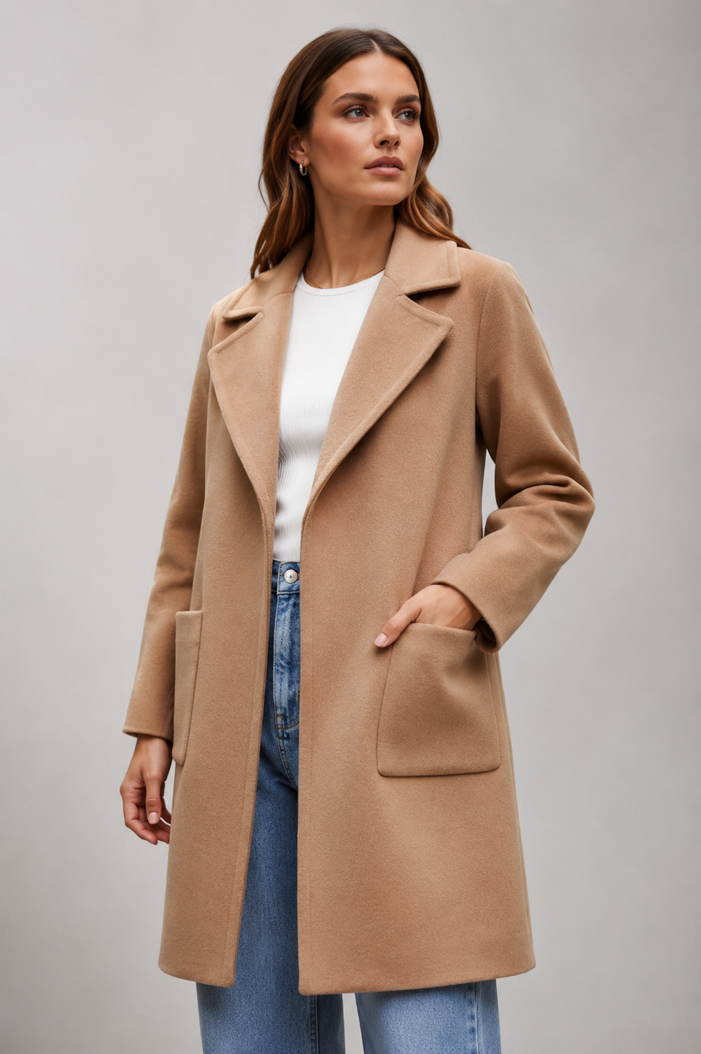 SARAH Women's Knee-Length Wool Coat, Wide Lapel