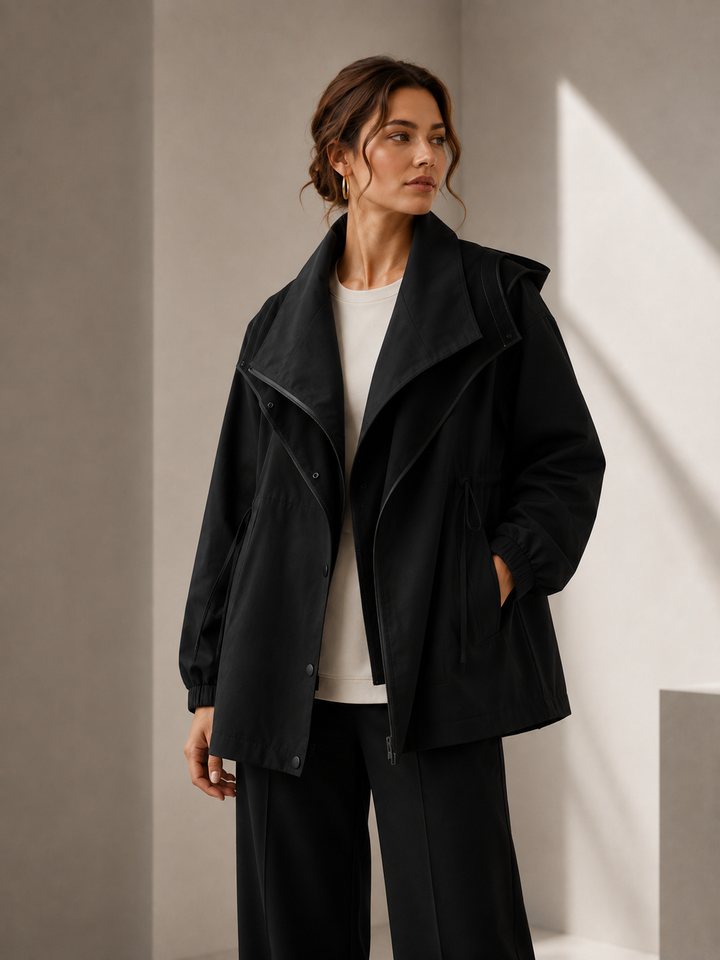 ISLA Women's Hooded Trench Coat, Zip-Front, Drawstring Waist