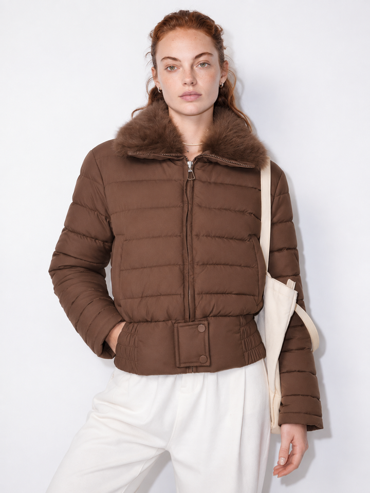HAZEL Cropped Puffer Jacket, Faux Fur Collar – Women's