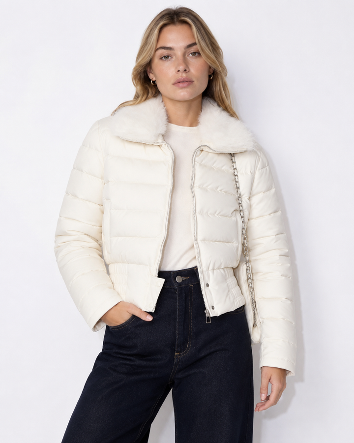 HAZEL Cropped Puffer Jacket, Faux Fur Collar – Women's
