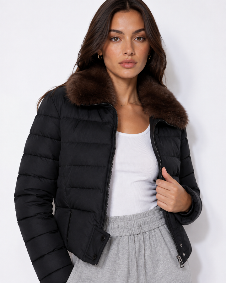 HAZEL Cropped Puffer Jacket, Faux Fur Collar – Women's