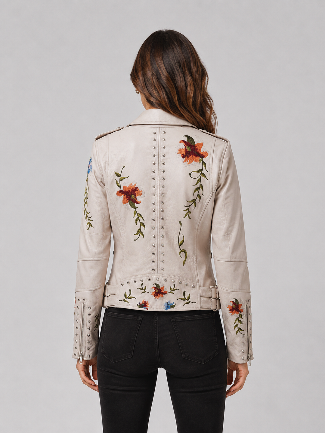 SAVANAH Women's Floral Studded Faux Leather Jacket