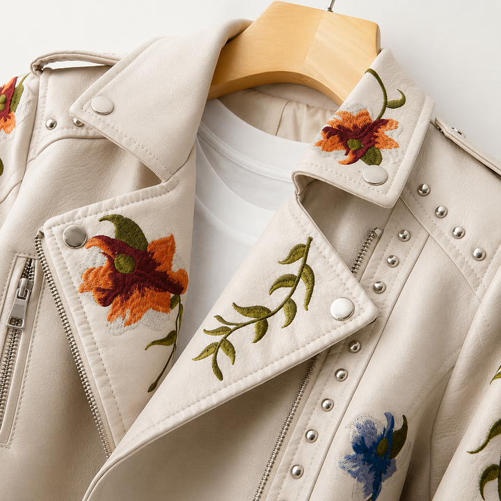 SAVANAH Women's Floral Studded Faux Leather Jacket