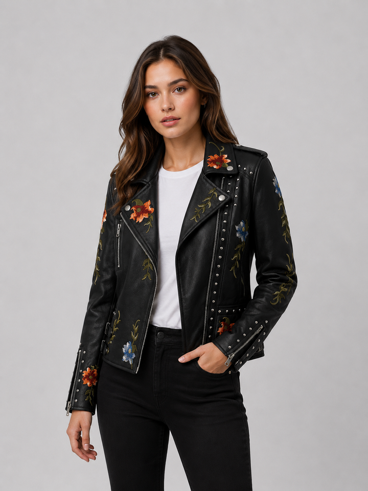 SAVANAH Women's Floral Studded Faux Leather Jacket