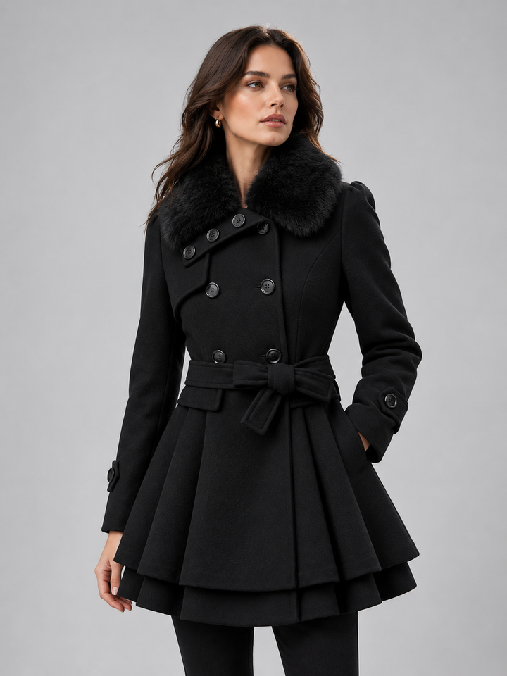 CELESTE Women's Double-Breasted Wool Coat with Faux Fur Collar
