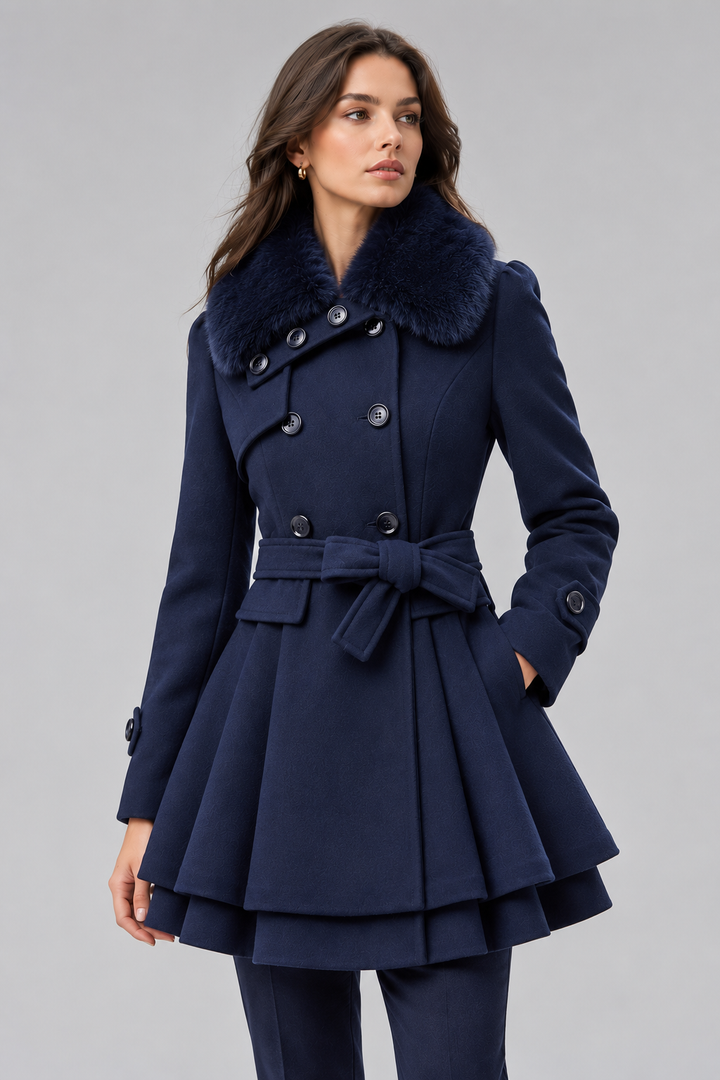CELESTE Women's Double-Breasted Wool Coat with Faux Fur Collar