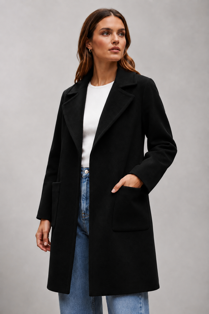 SARAH Women's Knee-Length Wool Coat, Wide Lapel
